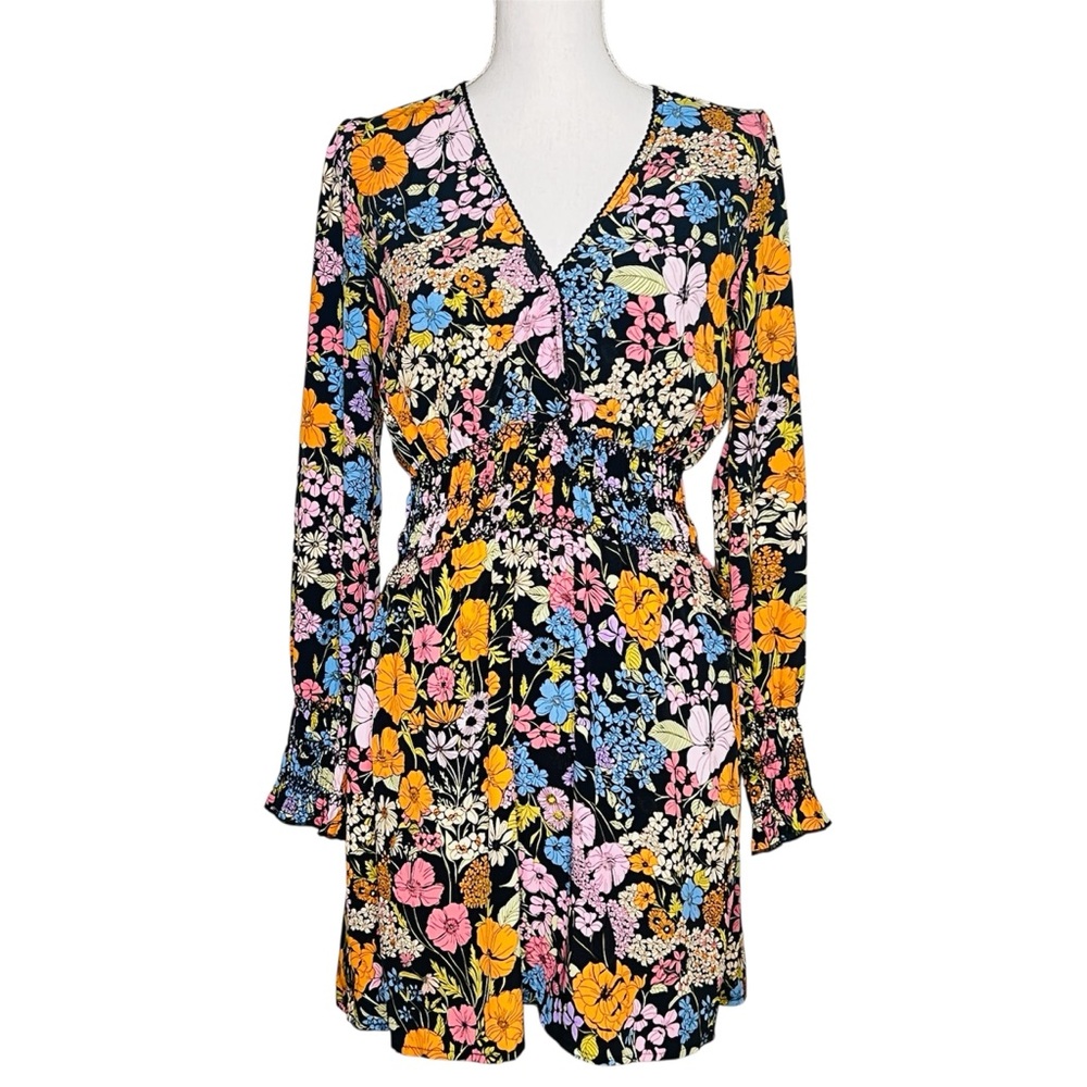 Wayf Black Multicolor Floral Mini Dress V-Neck Long Sleeve Fit & Flare Womens  L